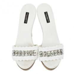 Dolce and Gabbana White Crystal Wooden Mules Size 38