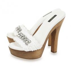 Dolce and Gabbana White Crystal Wooden Mules Size 38