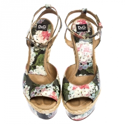 Pre Owned Dolce & Gabbana Multicolor Floral Patent Leather Wedge Platform Ankle Strap Sandals Size 39