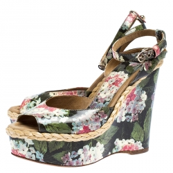 Pre Owned Dolce & Gabbana Multicolor Floral Patent Leather Wedge Platform Ankle Strap Sandals Size 39