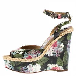 Pre Owned Dolce & Gabbana Multicolor Floral Patent Leather Wedge Platform Ankle Strap Sandals Size 39
