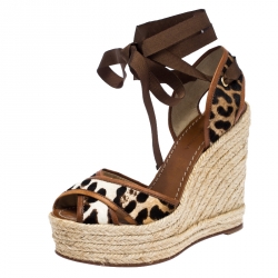 مملوكة مسبقًا إسبادريل كعب روكي دولتشي أند غابانا ملتف حول الكاحل جلد وشعر حصان نقش الفهد مقاس 37