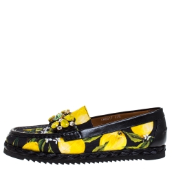 Pre Owned Dolce and Gabbana Yellow/Black Lemon Print Fabric and Leather Crystal Embellished Loafers Size 40.5