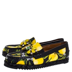 Pre Owned Dolce and Gabbana Yellow/Black Lemon Print Fabric and Leather Crystal Embellished Loafers Size 40.5