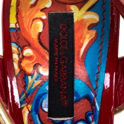 Pre Owned Dolce & Gabbana Red Patent Leather And Raffia Pom Pom And Sequin Embellished Ankle Strap Sandals Size 36