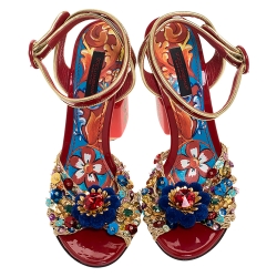 Pre Owned Dolce & Gabbana Red Patent Leather And Raffia Pom Pom And Sequin Embellished Ankle Strap Sandals Size 36