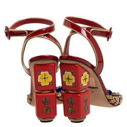 Pre Owned Dolce & Gabbana Red Patent Leather And Raffia Pom Pom And Sequin Embellished Ankle Strap Sandals Size 36
