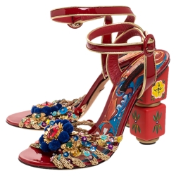 Pre Owned Dolce & Gabbana Red Patent Leather And Raffia Pom Pom And Sequin Embellished Ankle Strap Sandals Size 36