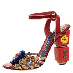Pre Owned Dolce & Gabbana Red Patent Leather And Raffia Pom Pom And Sequin Embellished Ankle Strap Sandals Size 36
