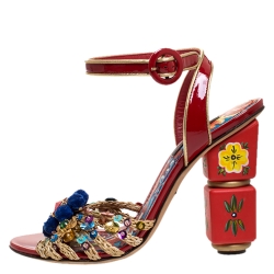 Pre Owned Dolce & Gabbana Red Patent Leather And Raffia Pom Pom And Sequin Embellished Ankle Strap Sandals Size 36