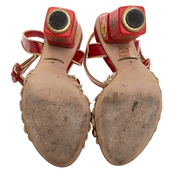 Pre Owned Dolce & Gabbana Red Patent Leather And Raffia Pom Pom And Sequin Embellished Ankle Strap Sandals Size 36