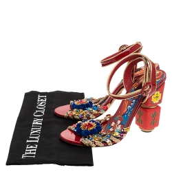 Pre Owned Dolce & Gabbana Red Patent Leather And Raffia Pom Pom And Sequin Embellished Ankle Strap Sandals Size 36