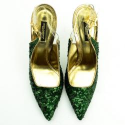 Pre Owned Dolce and Gabbana Green Pointed Toe Paillettes Slingback Sandals Size 39