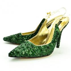Pre Owned Dolce and Gabbana Green Pointed Toe Paillettes Slingback Sandals Size 39