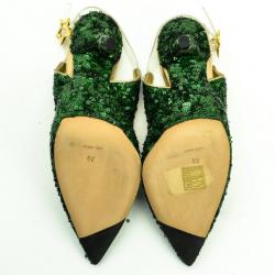 Pre Owned Dolce and Gabbana Green Pointed Toe Paillettes Slingback Sandals Size 39