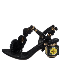 مملوكة مسبقًا Dolce & Gabbana Black Leather and Fabric Pom Pom Embellished T-Strap Sandals Size 39