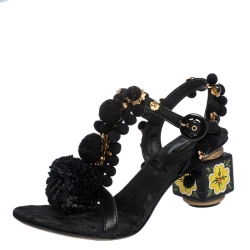 مملوكة مسبقًا Dolce & Gabbana Black Leather and Fabric Pom Pom Embellished T-Strap Sandals Size 39