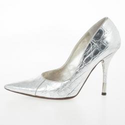 مملوكة مسبقًا Dolce and Gabbana Silver Embossed Pointed Toe Pumps Size 37.5
