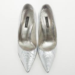 مملوكة مسبقًا Dolce and Gabbana Silver Embossed Pointed Toe Pumps Size 37.5