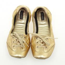 Pre Owned Dolce and Gabbana Gold Metallic Leather Lace Up Ballet Flats Size 38.5