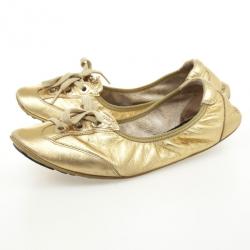 Pre Owned Dolce and Gabbana Gold Metallic Leather Lace Up Ballet Flats Size 38.5