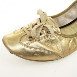 Pre Owned Dolce and Gabbana Gold Metallic Leather Lace Up Ballet Flats Size 38.5