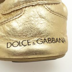 Pre Owned Dolce and Gabbana Gold Metallic Leather Lace Up Ballet Flats Size 38.5