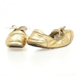 Pre Owned Dolce and Gabbana Gold Metallic Leather Lace Up Ballet Flats Size 38.5
