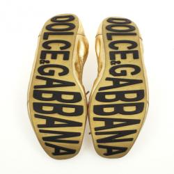 Pre Owned Dolce and Gabbana Gold Metallic Leather Lace Up Ballet Flats Size 38.5