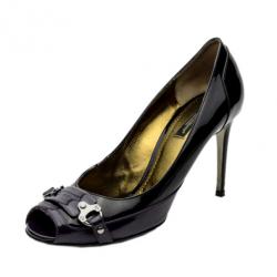 Pre Owned Dolce and Gabbana Purple and Black Leather Peep Toe Buckle Pumps Size 39