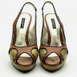مملوكة مسبقًا Dolce and Gabbana Brown Python Embossed Leather Peep Toe Slingback Sandals Size 37