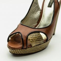 مملوكة مسبقًا Dolce and Gabbana Brown Python Embossed Leather Peep Toe Slingback Sandals Size 37
