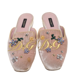 Pre Owned Dolce & Gabbana Blush Pink Velvet Floral Embellished Slide Mules Size 36.5
