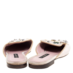 Pre Owned Dolce & Gabbana Blush Pink Velvet Floral Embellished Slide Mules Size 36.5
