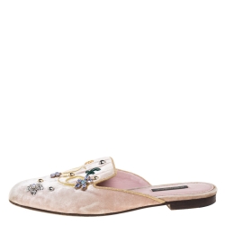 Pre Owned Dolce & Gabbana Blush Pink Velvet Floral Embellished Slide Mules Size 36.5