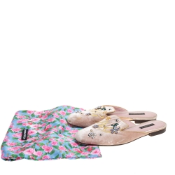 Pre Owned Dolce & Gabbana Blush Pink Velvet Floral Embellished Slide Mules Size 36.5