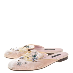 Pre Owned Dolce & Gabbana Blush Pink Velvet Floral Embellished Slide Mules Size 36.5