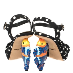Pre Owned  Dolce and Gabbana Black Polka Dot Fabric Fish Heel Ankle Strap Sandals Size 40