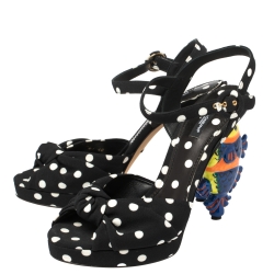 Pre Owned  Dolce and Gabbana Black Polka Dot Fabric Fish Heel Ankle Strap Sandals Size 40