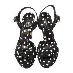 Pre Owned  Dolce and Gabbana Black Polka Dot Fabric Fish Heel Ankle Strap Sandals Size 40