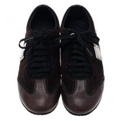 Pre Owned Dolce and Gabbana Brown Suede and Leather Logo Plaque Sneakers Size 42