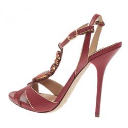 Pre Owned صندل دولتشي أند غابانا شريط T جلد مرصع أحمر مقاس 39