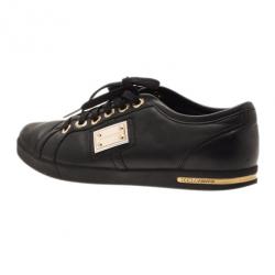 Pre Owned Dolce and Gabbana Black Leather Logo Plaque Sneakers Size 37.5