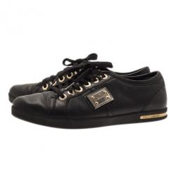 Pre Owned Dolce and Gabbana Black Leather Logo Plaque Sneakers Size 37.5