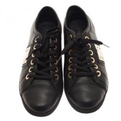 Pre Owned Dolce and Gabbana Black Leather Logo Plaque Sneakers Size 37.5