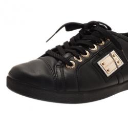 Pre Owned Dolce and Gabbana Black Leather Logo Plaque Sneakers Size 37.5