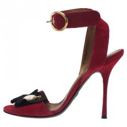 Pre Owned Dolce and Gabbana Red Suede Watch Embellished Criss Cross Strap Sandals Size 39