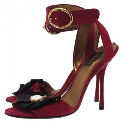 Pre Owned Dolce and Gabbana Red Suede Watch Embellished Criss Cross Strap Sandals Size 39