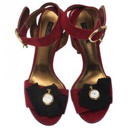 Pre Owned Dolce and Gabbana Red Suede Watch Embellished Criss Cross Strap Sandals Size 39