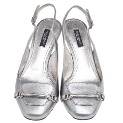 Pre Owned Dolce & Gabbana Silver Leather Slingback Pumps  Size 36.5
